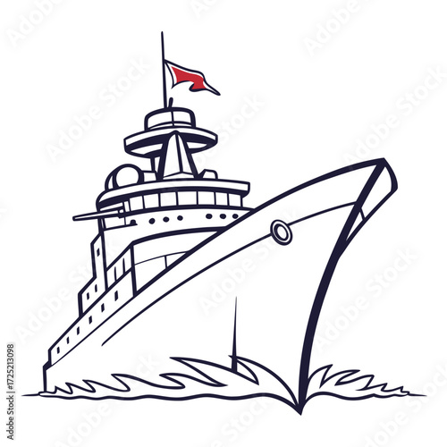 Illustration of a cruise ship on the sea, the cruise ship is depicted in a simple, cartoon style with clean lines and minimal details, showcasing its luxurious design