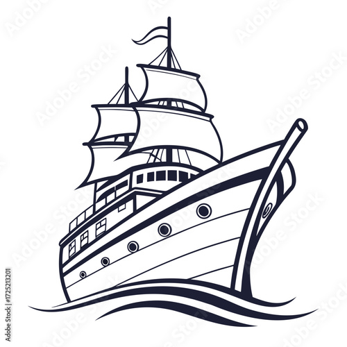 Illustration of a majestic sailing ship with billowing sails, gracefully gliding through the ocean waves, , evoking a sense of adventure and maritime history