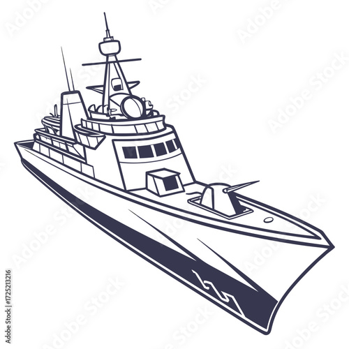Illustration of a modern frigate, showcasing naval technology and maritime defense in a sleek, vector style design, ideal for military and security themes