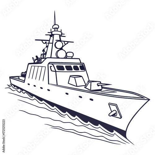 Illustration of a modern navy warship sailing on the water, the vessel is depicted in a simple, clean style, with a focus on its sleek design and powerful presence