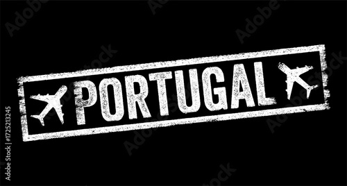 Portugal is a country located on the Iberian Peninsula in Southwestern Europe, text emblem stamp with airplane