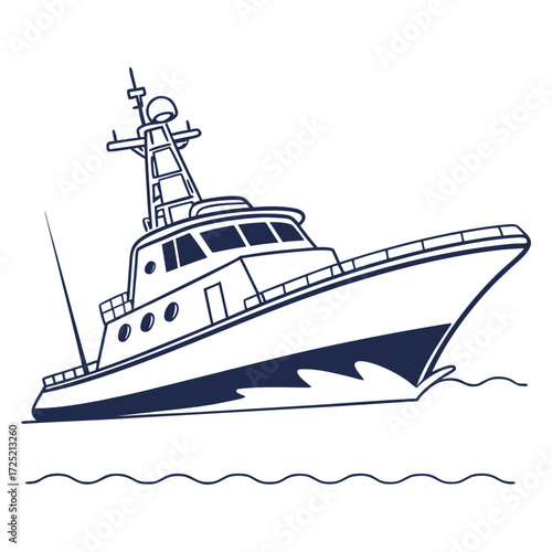 Illustration of a modern yacht, showcasing its sleek design and luxurious features, symbolizing leisure, recreation, and maritime adventure on the open sea
