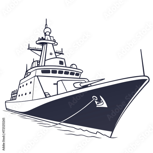 Illustration of a modern warship, showcasing naval power and maritime technology in a sleek, vector style design, perfect for military and defense themes