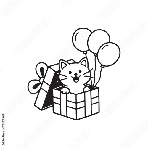  Festive Kitten Popping Out Gift Box With Balloons Line Art Design. 