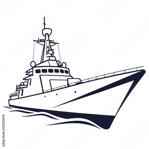 Illustration of a navy warship, showcasing its powerful presence and maritime capabilities, symbolizing naval strength, defense, and strategic importance