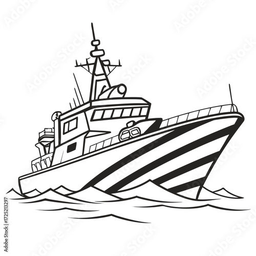 Illustration of a patrol boat sailing on the water, showcasing its design and functionality in a simple yet effective black and white drawing style