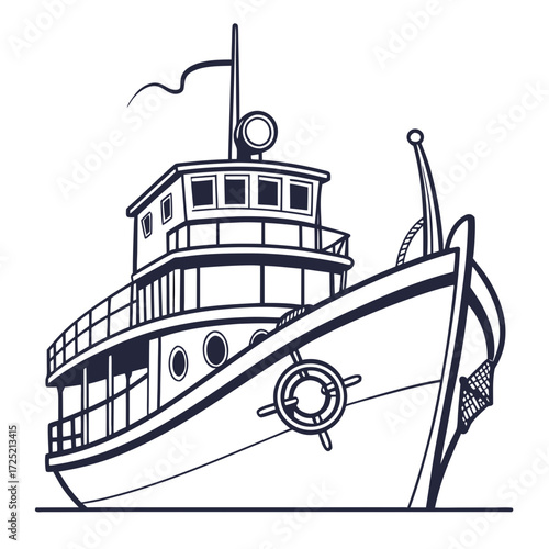 Illustration of a tugboat, representing maritime work, harbor activity, and the power of small vessels in assisting larger ships, symbolizing strength and support
