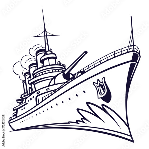 Illustration of a vintage battleship, showcasing its formidable weaponry and historical significance in naval warfare, symbolizing power and maritime history