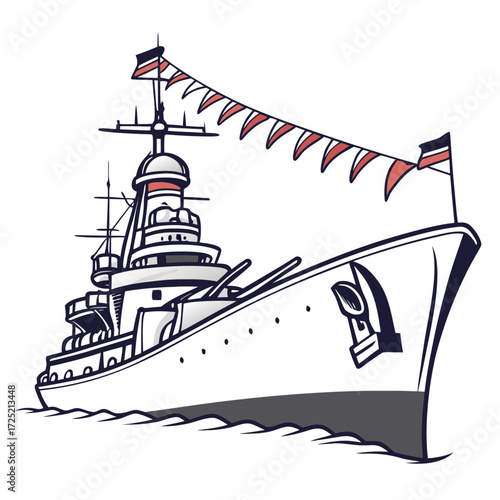Illustration of a vintage battleship, showcasing its classic design, towering smokestacks, and powerful guns, evoking a sense of naval history and maritime power