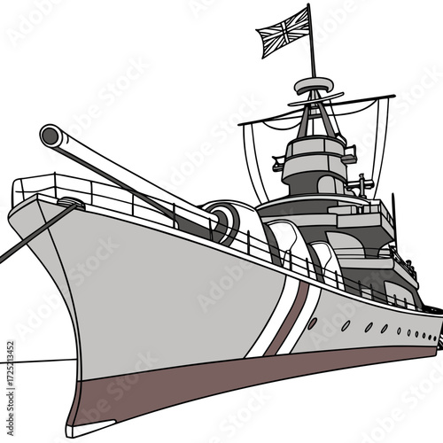 Illustration of a warship, showcasing naval power, maritime defense, and historical military vessels in a detailed design