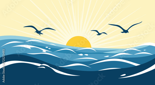 A serene ocean sunrise with seagulls soaring gracefully above gentle waves under a bright yellow sun radiating warm rays.