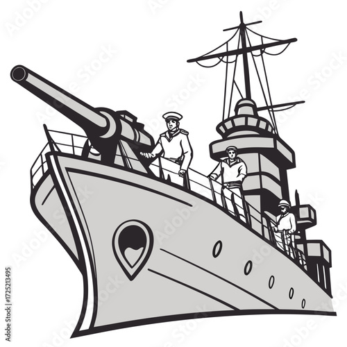 Illustration of a warship with sailors, showcasing naval power, maritime defense, and historical military vessels in a detailed design