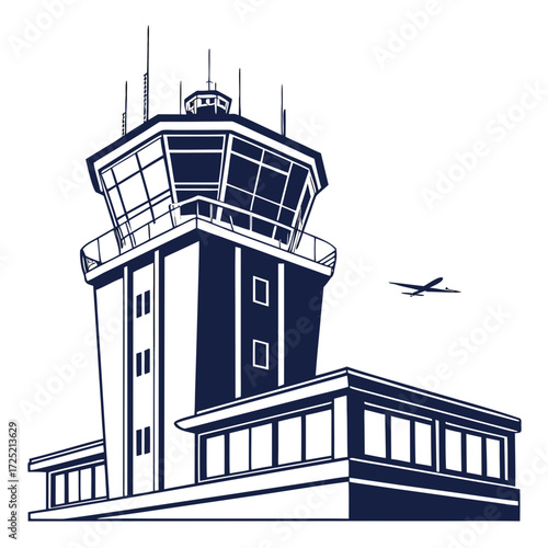 Illustration of an airport control tower with a plane in the background, showcasing air traffic management and aviation infrastructure in a minimalist style