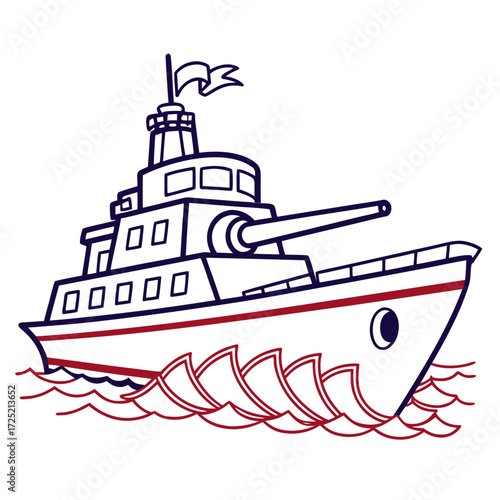 Vector art of a cartoonish depiction of a warship sailing on stylized waves, the ship is outlined with red accents, featuring a prominent cannon and a small flag on top