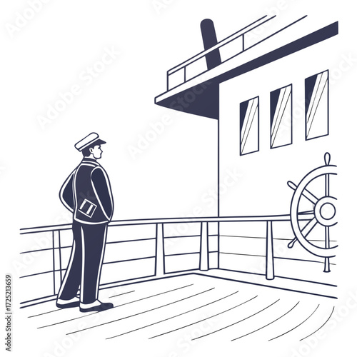 Vector art of a captain stands on the deck of a ship, gazing out at the horizon, his silhouette framed against the vast expanse of the sea, the ships wheel is visible