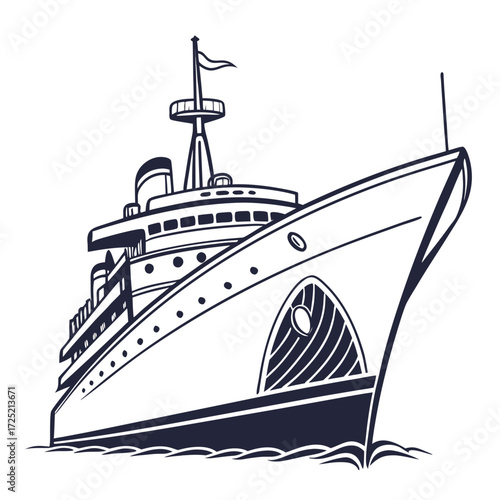 Vector art of a classic line art illustration of a cruise ship, capturing its elegance and grandeur, perfect for travel brochures and nautical themes