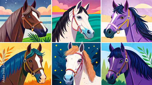Horse breeds set vector, including Arabian, Thoroughbred, Mustang, Appaloosa, and Clydesdale, standing together peacefully, celebrating equestrian diversity and majestic animal presence