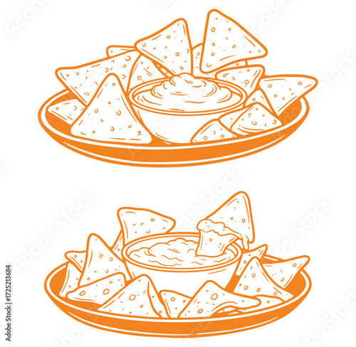 Delicious nachos with cheese dip illustration displayed on orange plates isolated on white background