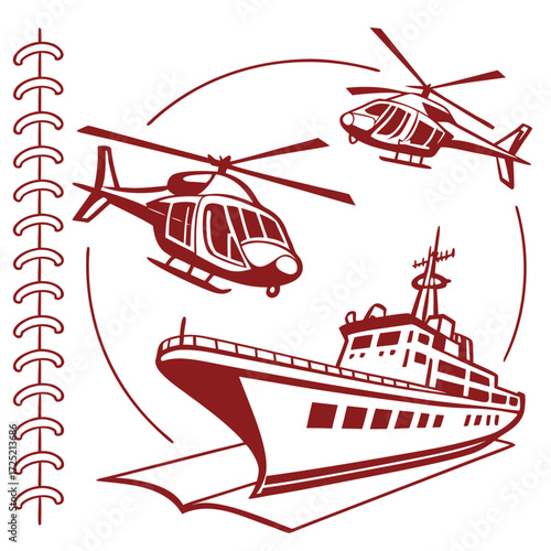 Vector art of a dynamic composition featuring helicopters and a ship, symbolizing air and sea transport, presented in a unique design, the spiral notebook is on the side