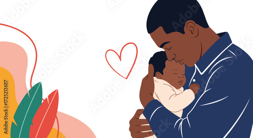 A loving father holds his newborn baby close in a tender embrace.