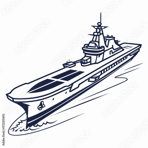 Vector art of a formidable aircraft carrier sails with purpose, its vast deck a testament to naval aviation and global power projection, a symbol of military might