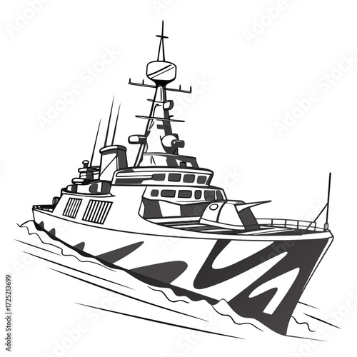Vector art of a detailed illustration of a warship sailing on water, the ship is depicted with intricate details and a camouflage pattern, showcasing its naval design