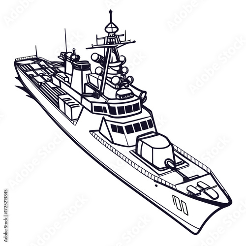 Vector art of detailed line art illustration of a modern warship, highlighting its advanced radar, weaponry, and communication systems, reflecting maritime technology and naval defense capabilities