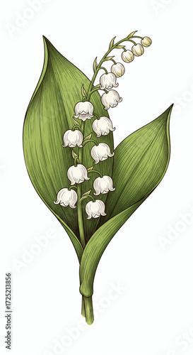 Elegant Botanical Illustration of a Delicate Lily of the Valley Flower

