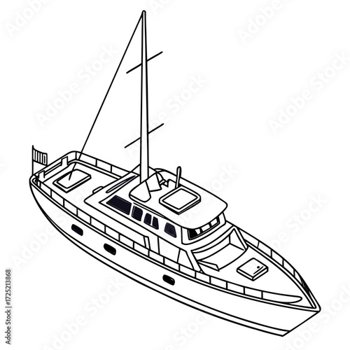 Vector art of isometric line art of a sailboat the boat is depicted in a simple, clean style, with a focus on the boats structure and design, showcasing its features