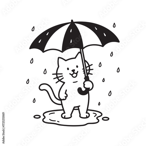 Happy Cat Holding Umbrella In Rain With Puddles Line Art Design. 