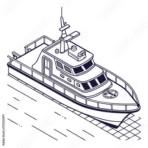 Vector art of isometric line art of a motorboat the boat is depicted in a simple, clean style, with a focus on the boats structure and design, showcasing its features