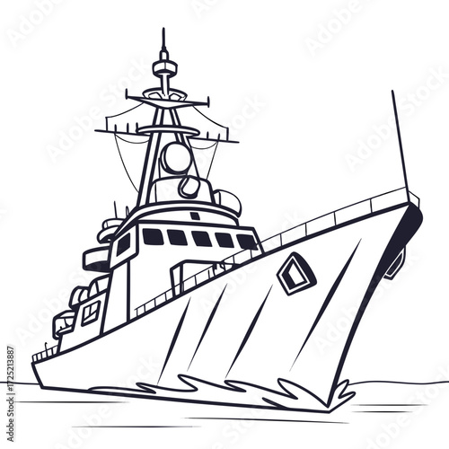 Vector art of isometric line art of a warship the boat is depicted in a simple, clean style, with a focus on the boats structure and design, showcasing its features
