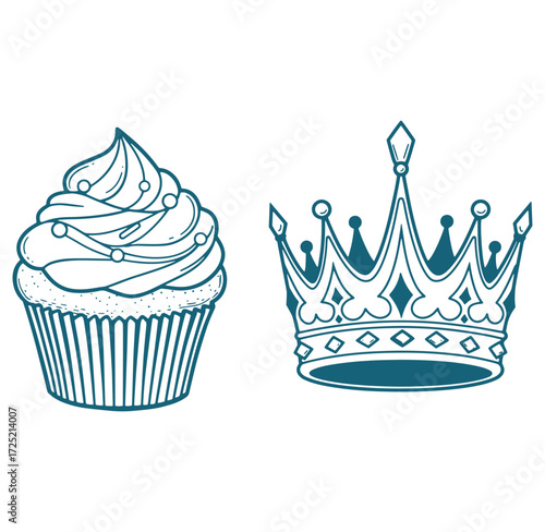 Elegant teal illustration of a cupcake and royal crown isolated on white background