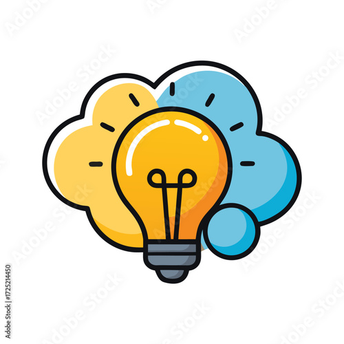 Creative icon of a thought bubble containing a lit lightbulb, representing idea, brainstorming, innovation, solution, imagination, and creative thinking easily.