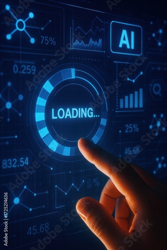 Digital Interface with Finger Touching Loading Icon and AI Data Visualization Elements