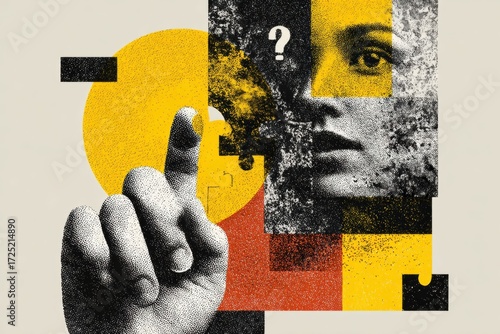 Hand pointing at question mark over woman's face in contemporary collage