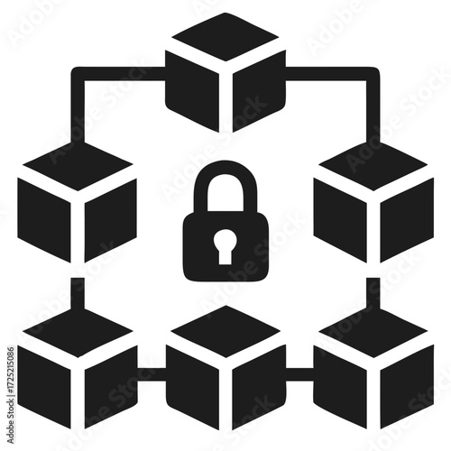 Blockchain network with interconnected cubes and a central futuristic silhouette vector icon