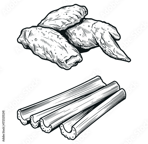Hand drawn illustration of crispy chicken wings and fresh crunchy celery sticks