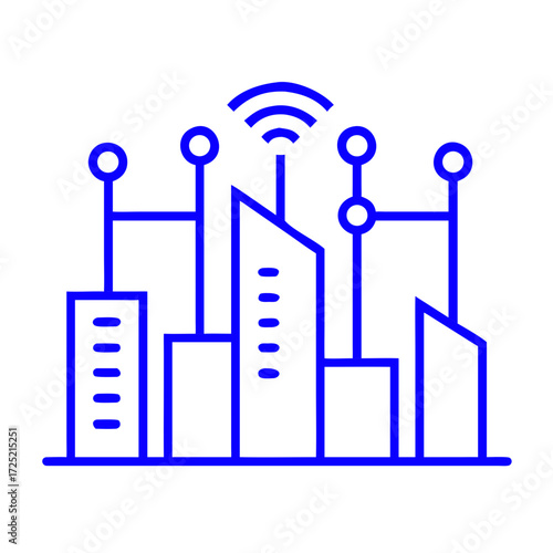 Blue outline of smart city with Wi- Fi signal and network futuristic silhouette vector icon
