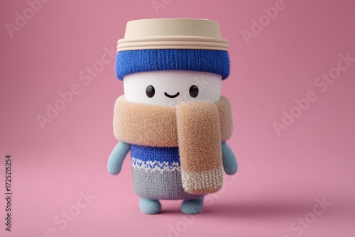 Cute coffee cup character wearing winter clothes