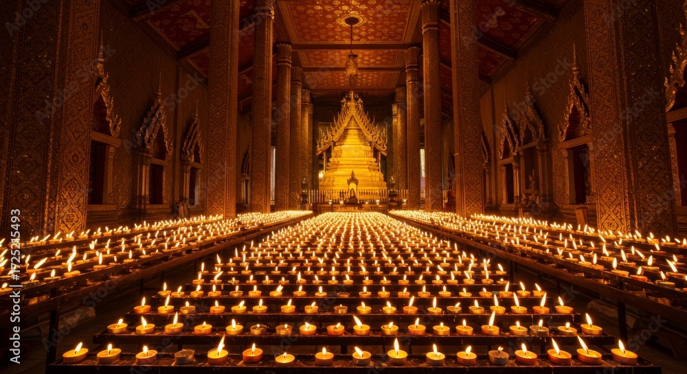 Obraz premium Thai Temple Candle Offering, rows of candles in golden hall