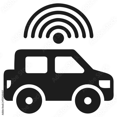 Dark gray silhouette of a car with Wi- Fi signal waves above it futuristic silhouette vector icon