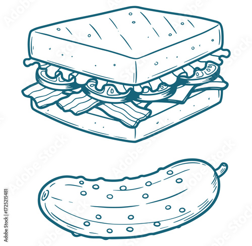 Illustrated blt sandwich with pickle side dish concept on a white background
