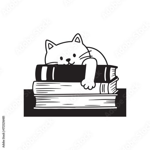  Playful cat hiding behind books stack with paw reaching peek-a-boo style.