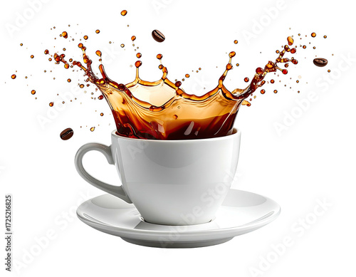 Coffee splash in a white cup, coffee beans flying