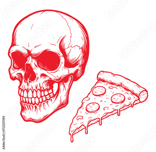 Red skull and pizza slice illustration in a vintage tattoo style design