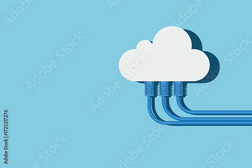 Cloud computing concept with Ethernet cables, digital data network illustration, internet connectivity infrastructure, stylized cloud icon on blue background for tech and IT visuals