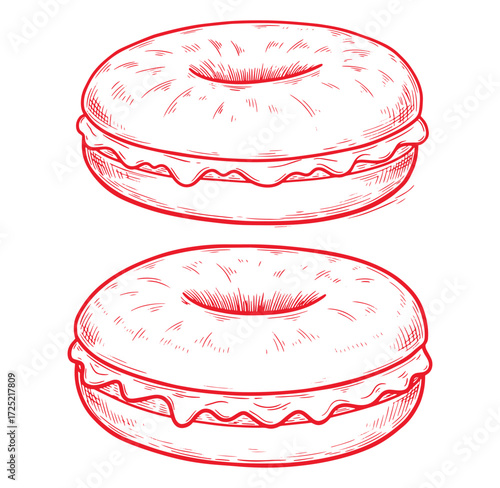 Two hand drawn bagels with cream filling in a red outline style isolated on white