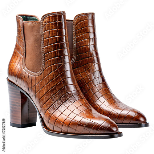 A pair of brown crocodileembossed leather ankle boots with high heels isolated on transparent background