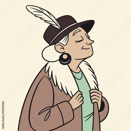Vector illustration of old man in hat and coat with a microphone.